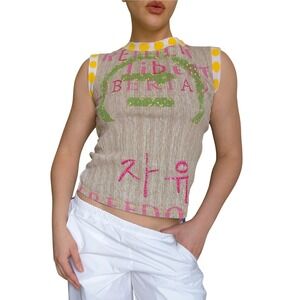 Rene Derhy Vtg 90s Rare Unique Electic Grunge Floral Sequins Mesh Tank Top